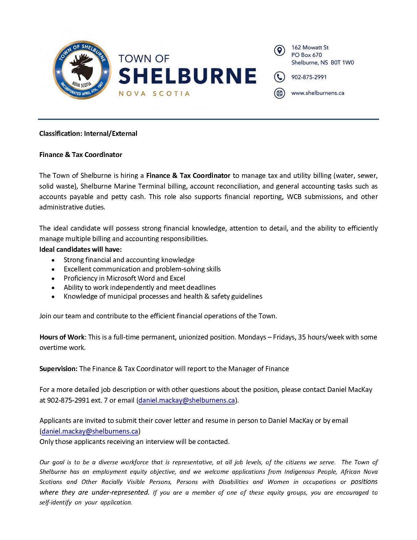 Finance Tax Coordinator Town of Shelburne final Page 1