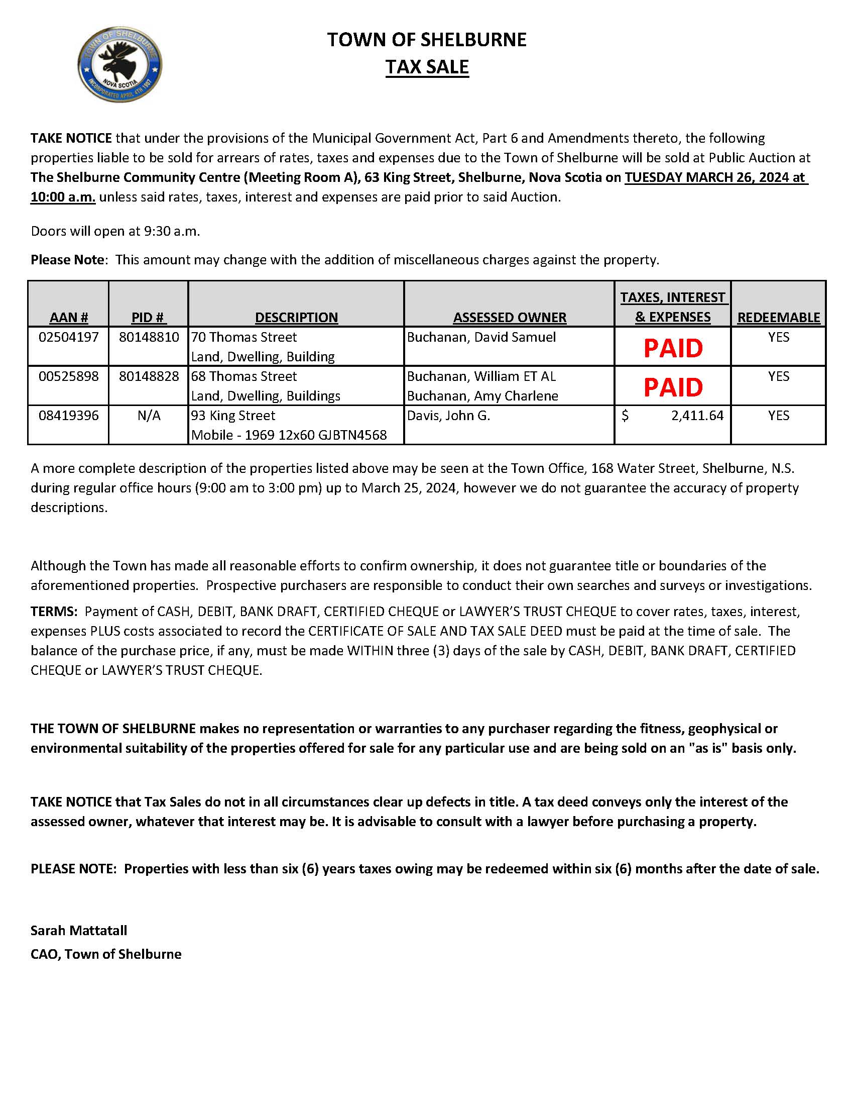 Tax Sale Town of Shelburne